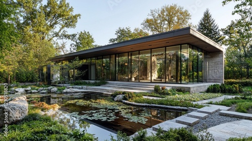 This stunning modern house showcases a unique design with expansive glass walls that reflect the lush greenery surrounding it. A tranquil pond adorned with lilies enhances the serene atmosphere
