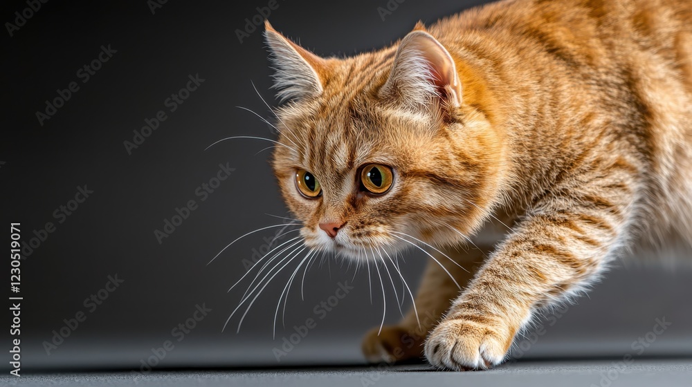 A curious ginger cat stealthily crawls forward, showcasing its keen focus and inquisitive nature while exploring its surroundings. A curious ginger cat stealthily crawls forward, showcasing its keen focus and inquisitive nature while exploring its surroundings.