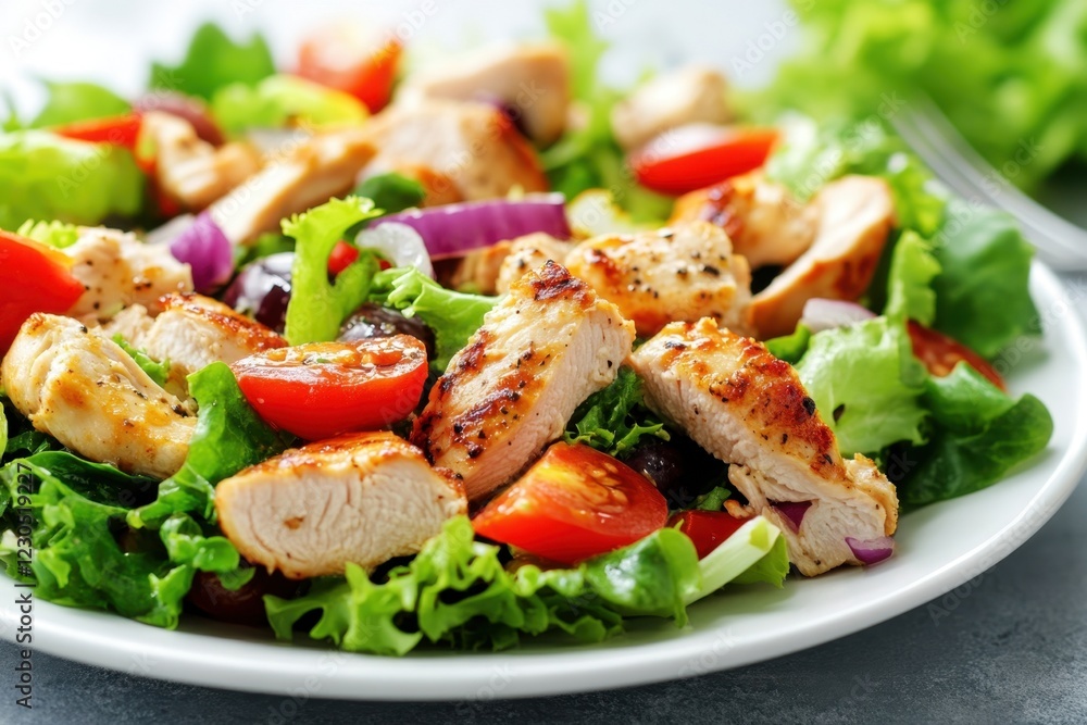 Appetizing summer salad with meat, tomatoes, spinach, onions and lettuce, healthy summer breakfast in a white plate on the table, healthy food concept, weight loss food Appetizing summer salad with meat, tomatoes, spinach, onions and lettuce, healthy summer breakfast in a white plate on the table, healthy food concept, weight loss food