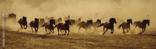 A herd of majestic wild horses races across a vast open field, their powerful hooves kicking up clouds of dust as they move. The golden hour light enhances the dramatic scene
