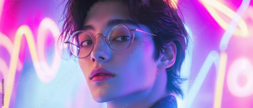 Young Asian man with glasses in front of vibrant neon lights, looking at the camera with a serious expression Concept of modern style, fashion, and portrait Young Asian man with glasses in front of vibrant neon lights, looking at the camera with a serious expression Concept of modern style, fashion, and portrait