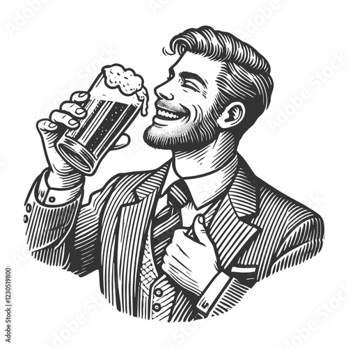 Gentleman Enjoying Beer engraving vector