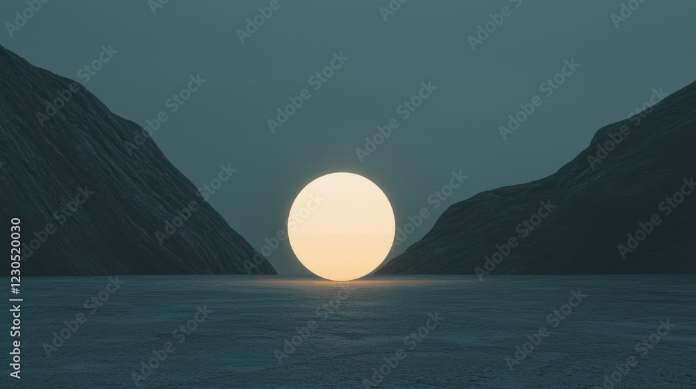 Naklejka premium Large, round, orange-colored object in the center of the image, which appears to be a sun or a moon. it is surrounded by two large, dark mountains on either side.