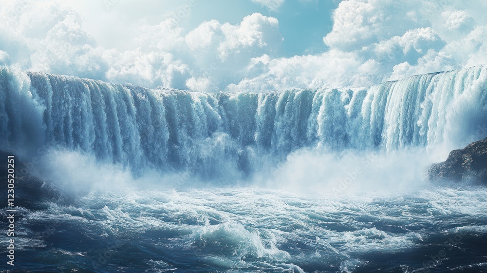 Fototapeta premium Majestic waterfall cascading, sunny sky, churning water, nature background, travel