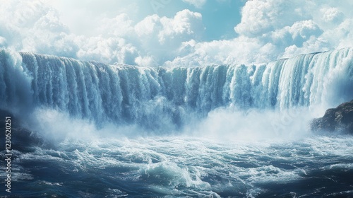 Majestic waterfall cascading, sunny sky, churning water, nature background, travel