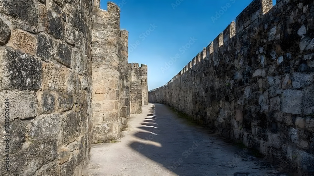 Ancient Stone Castle Walls Pathway, Medieval Fortress Architecture Ancient Stone Castle Walls Pathway, Medieval Fortress Architecture