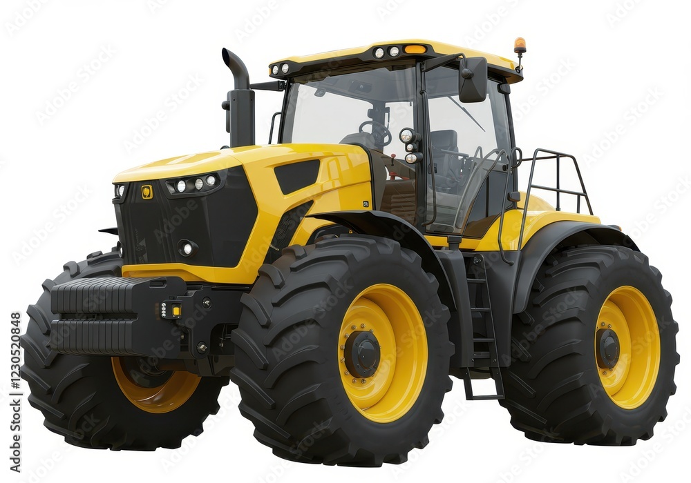 A large modern yellow and black tractor with rugged tires and a detailed cabin isolated on a white background A large modern yellow and black tractor with rugged tires and a detailed cabin isolated on a white background