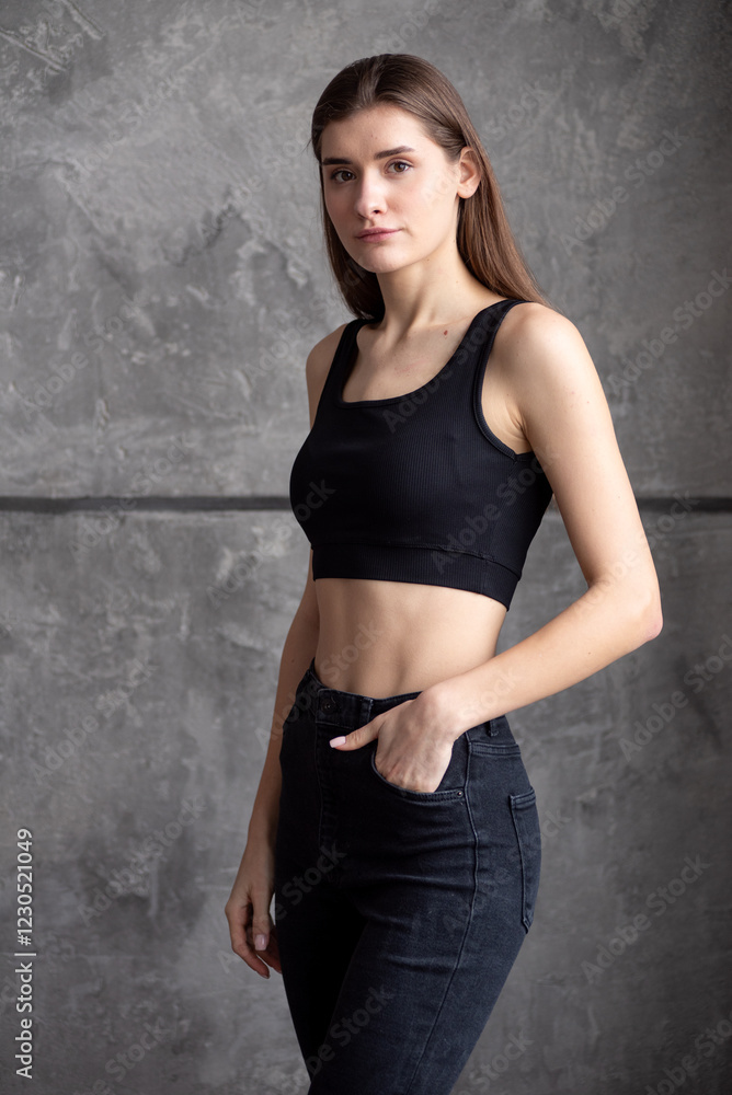 A professional modeling snapshot of a young female model in a black crop top and high-waisted jeans, posing against a textured gray wall. Capturing her natural elegance, toned physique, and confident A professional modeling snapshot of a young female model in a black crop top and high-waisted jeans, posing against a textured gray wall. Capturing her natural elegance, toned physique, and confident