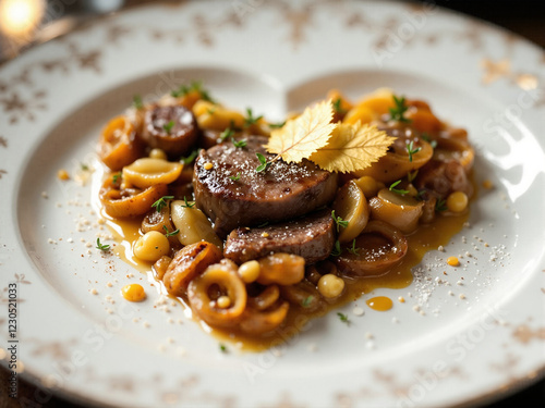 Elegant meat dish with heart-shaped vegetables, decorated with leaves.  photo