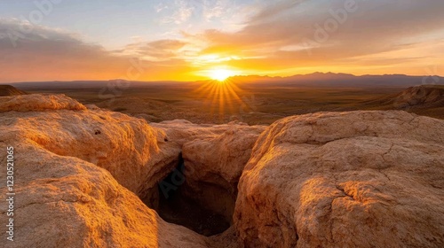 An awe-inspiring sunrise casts a golden glow over dramatic rock formations, capturing the essence of nature's beauty and the majesty of the canyon. photo