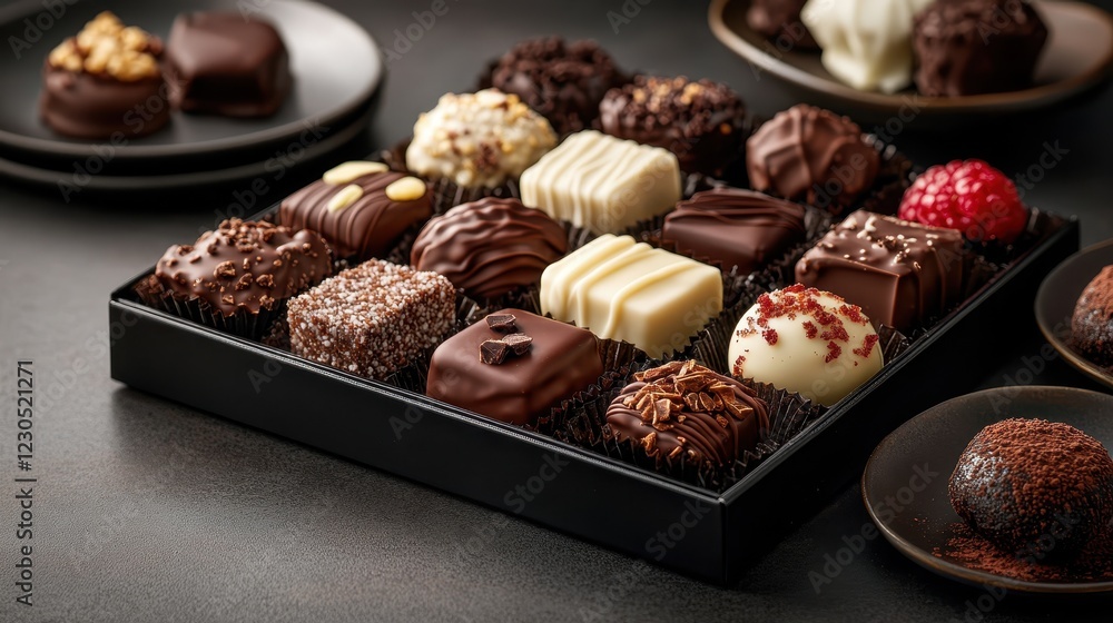 An appealing chocolate collection featuring various textures and flavors artfully arranged for a visually enticing experience, perfect for chocolate lovers. An appealing chocolate collection featuring various textures and flavors artfully arranged for a visually enticing experience, perfect for chocolate lovers.