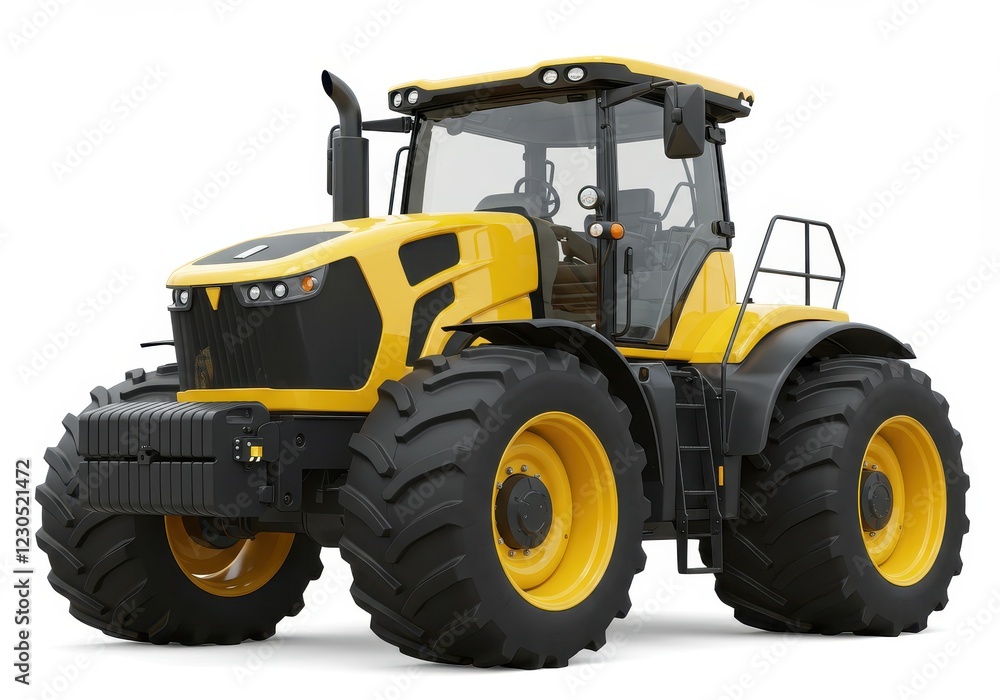 A large modern yellow and black tractor with rugged tires and a detailed cabin isolated on a white background A large modern yellow and black tractor with rugged tires and a detailed cabin isolated on a white background