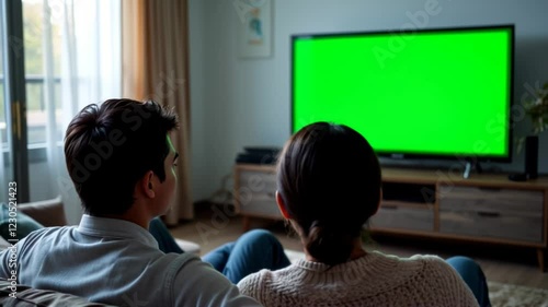 Couple Relaxing on Sofa Watching TV, Green Screen