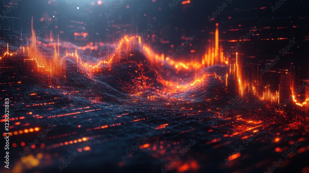 Abstract digital landscape with glowing lines and fire.