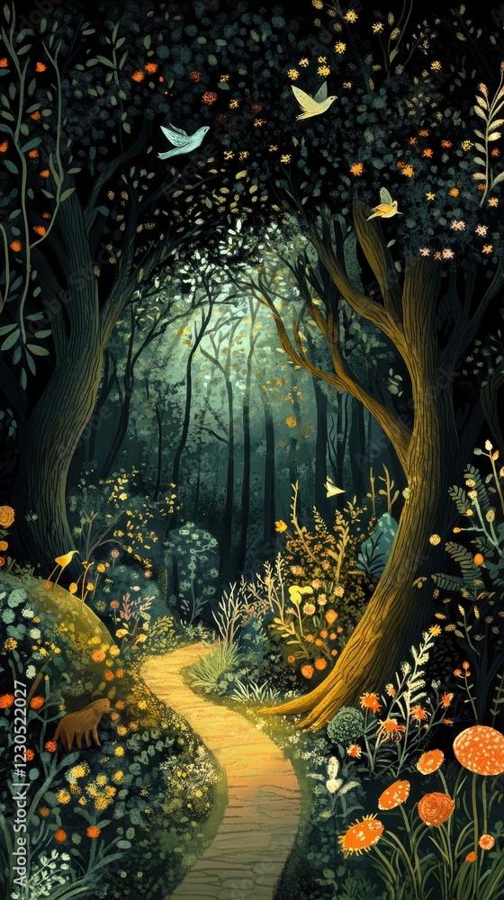 Obraz premium Enchanted Forest Path With Birds And Flowers