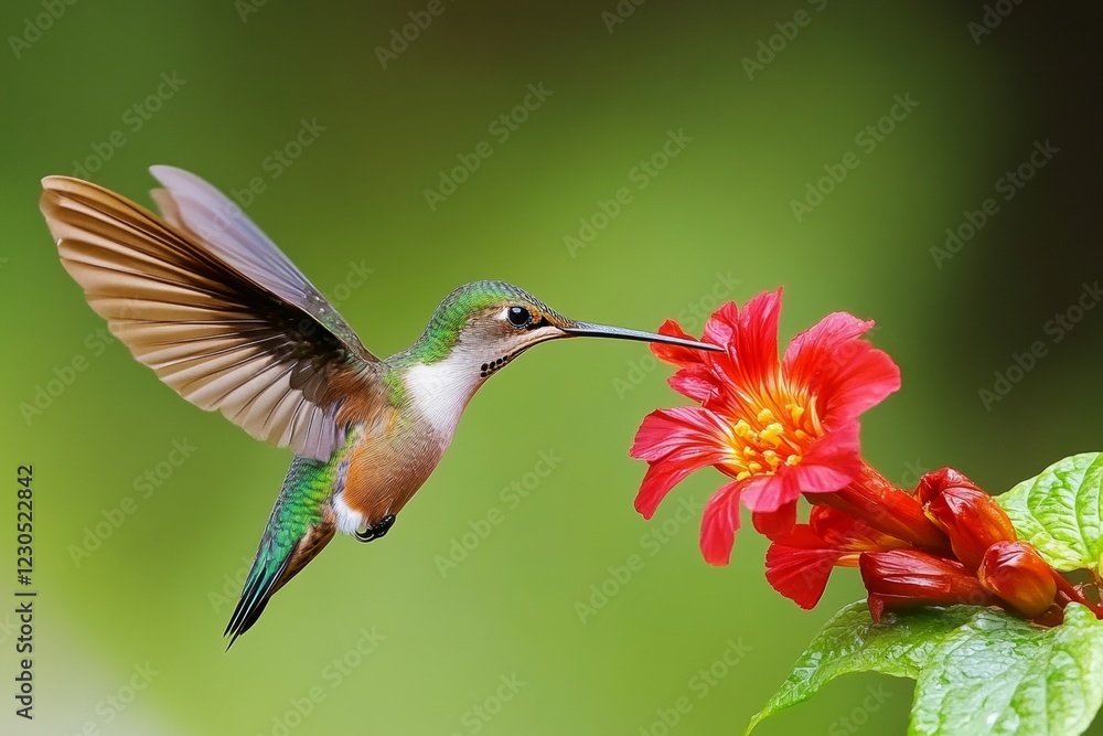 Fototapeta premium In a lush garden, a hummingbird hovers mid-air, sipping nectar from a bright red flower. Its wings blur in motion, showcasing the beauty and agility of this remarkable bird amidst greenery