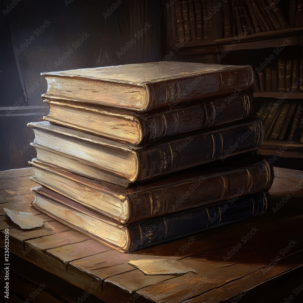 A Stack of Antique Books Rests on a Wooden Table A Stack of Antique Books Rests on a Wooden Table