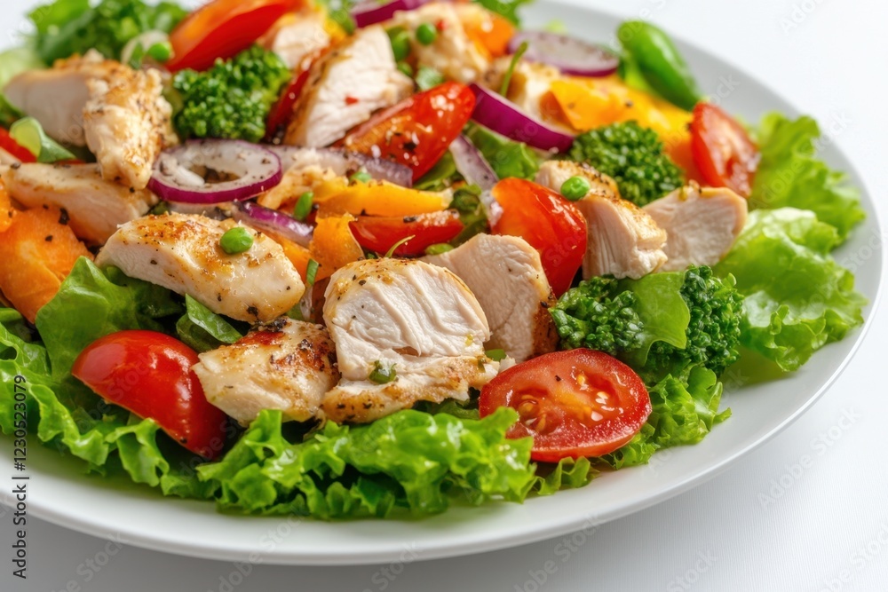 Appetizing summer salad with meat, tomatoes, spinach, onions, sweet pepper, basil and lettuce, healthy summer breakfast in a white plate on a white background, healthy food concept, weight loss dishes Appetizing summer salad with meat, tomatoes, spinach, onions, sweet pepper, basil and lettuce, healthy summer breakfast in a white plate on a white background, healthy food concept, weight loss dishes