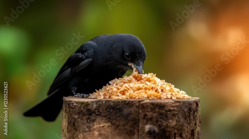 A black bird perched on a natural wooden stump, pecking at rice, depicting the beauty of nature and the simple moments of wildlife in a serene setting. photo