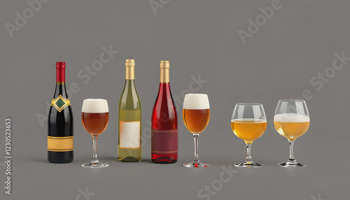 set icons with wine champagne beer botlles, cups with drinks , with white tonespng photo