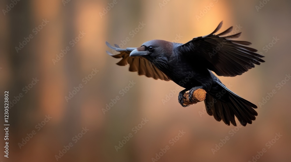 Fototapeta premium An elegant raven captured mid-flight, showcasing its sleek feathers and powerful wings against a softly blurred background, evoking a sense of motion and freedom.