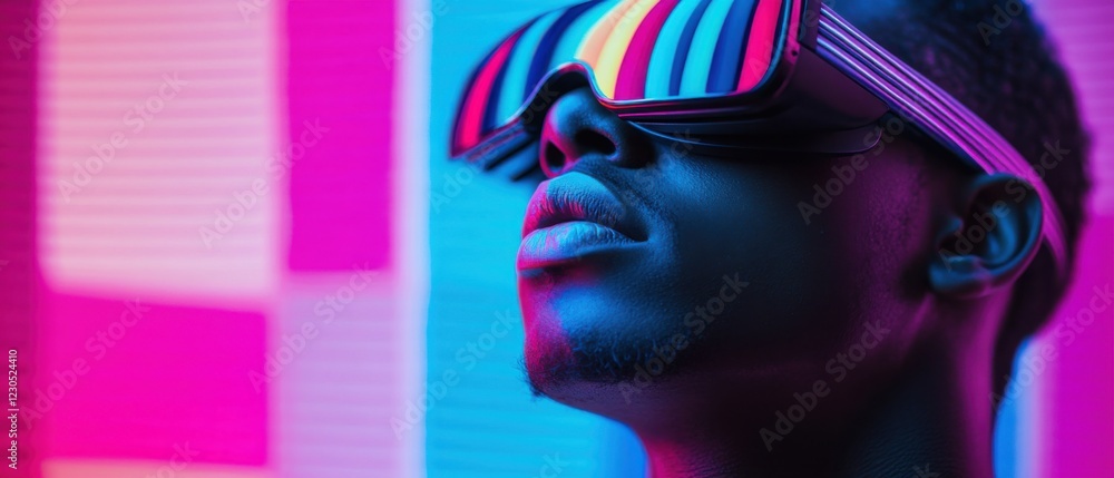 Closeup of a Black man wearing virtual reality headset with colorful stripes, exploring digital world in a futuristic setting with neon lights Concept of technology, gaming, and metaverse Closeup of a Black man wearing virtual reality headset with colorful stripes, exploring digital world in a futuristic setting with neon lights Concept of technology, gaming, and metaverse