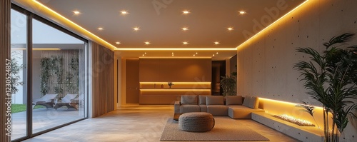 Decorative recessed lights illuminating a sleek ceiling design, adding elegance to a modern space