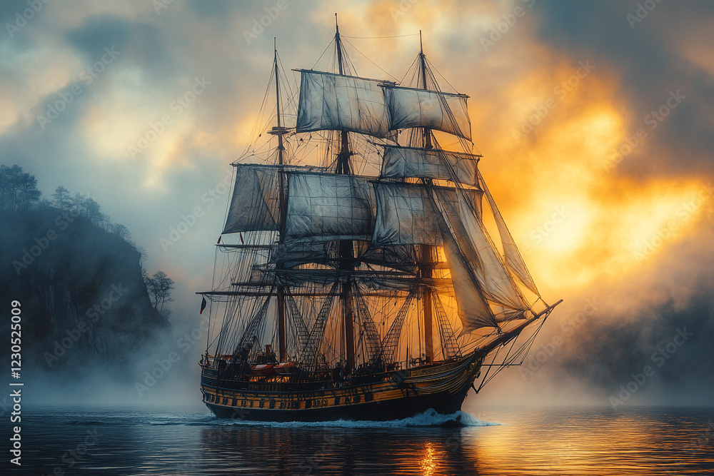 Obraz premium Majestic sailing ship at sunrise in misty waters