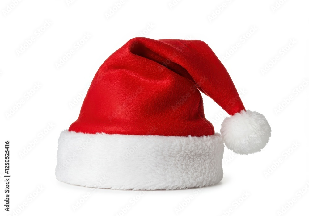 A classic red Santa hat with a fluffy white brim and pom-pom isolated on a white background A classic red Santa hat with a fluffy white brim and pom-pom isolated on a white background