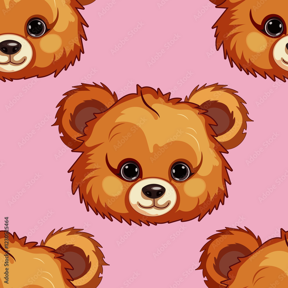 Obraz premium The beautiful head of a cute teddy bear. bright seamless texture and pattern. funny bear drawn in vector graphics. stylish background for decoration.