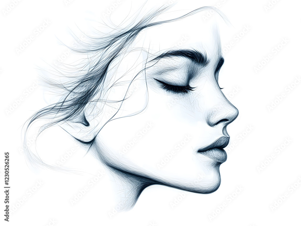 a beautiful woman's face, profile view, sketch drawing style, white background, hair flowing in the wind, soft light on her skin a beautiful woman's face, profile view, sketch drawing style, white background, hair flowing in the wind, soft light on her skin