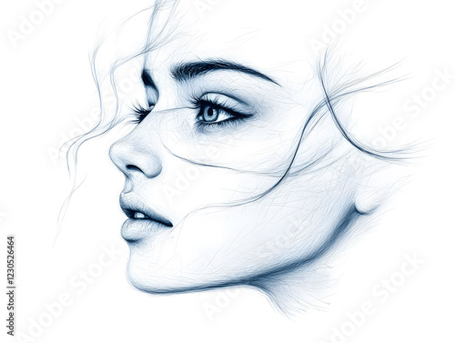 a beautiful woman's face, profile view, sketch drawing style, white background, hair flowing in the wind, soft light on her skin