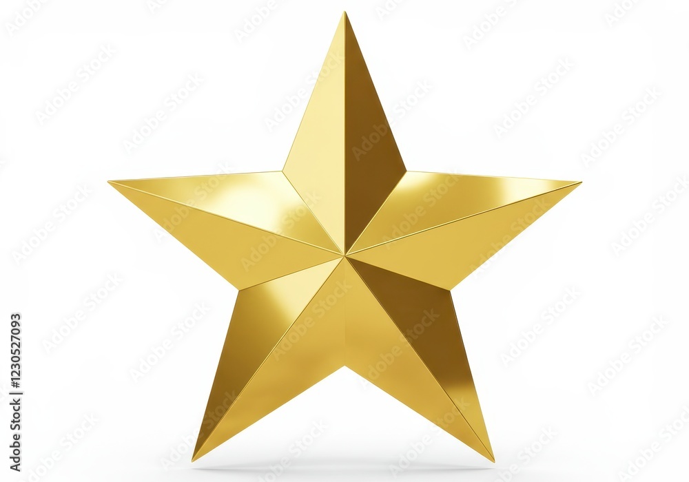 Fototapeta premium A shiny golden five pointed star with reflective surfaces isolated on a white background