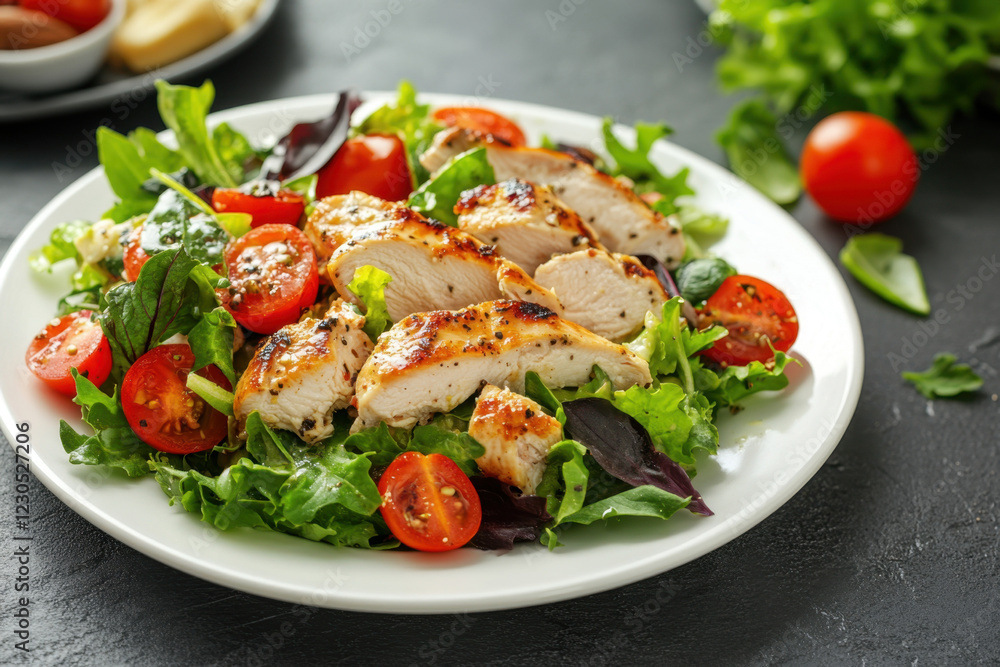 Appetizing summer salad with meat, tomatoes, basil and lettuce, healthy summer breakfast in a white plate on the table, healthy food concept, weight loss food Appetizing summer salad with meat, tomatoes, basil and lettuce, healthy summer breakfast in a white plate on the table, healthy food concept, weight loss food