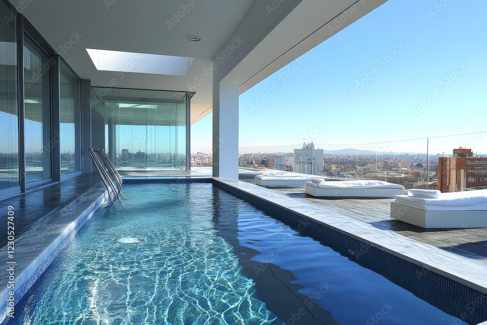 Fototapeta premium Luxurious rooftop pool with stunning city views in bright afternoon sunlight