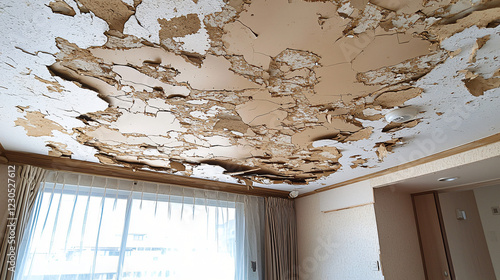 A cracked ceiling with brown water stains spreading across the surface, indicating long-term leakage issues