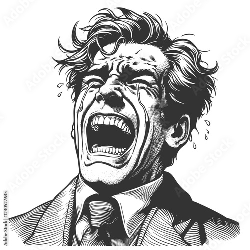 Dramatic Crying Man engraving vector illustration