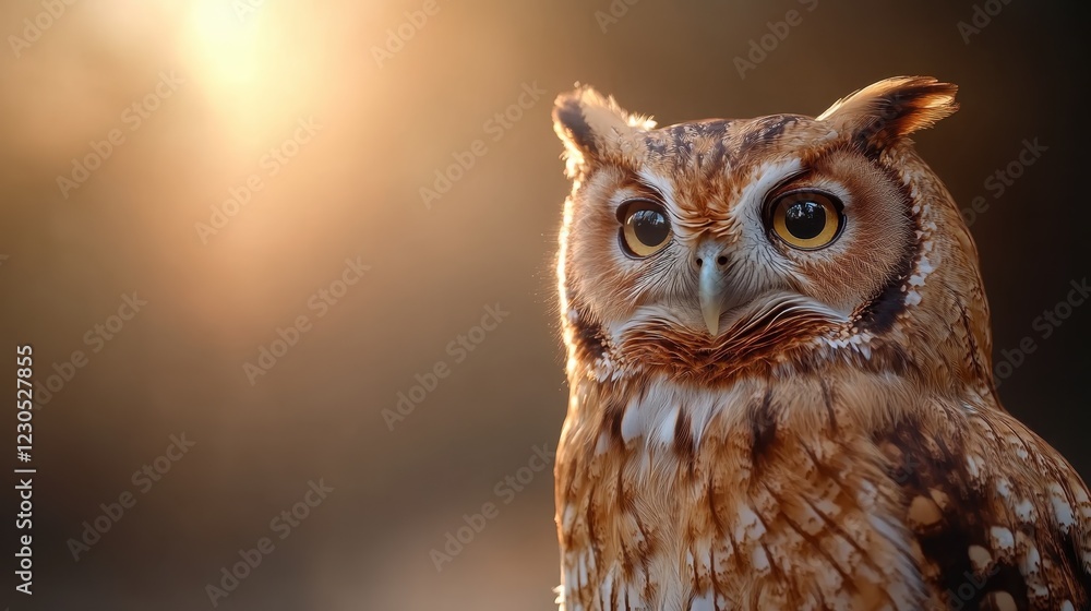 Obraz premium A stunning close-up of a majestic owl, showcasing its expressive eyes and intricate feather patterns, illuminated beautifully by the warm glow of a setting sun in the background.