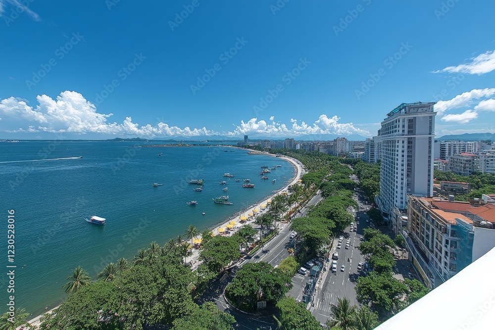 Fototapeta premium Vibrant coastal view of a bustling beach with boats and city skyline under clear blue sky
