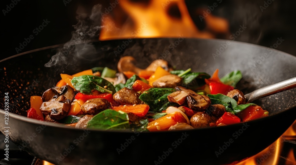 This image captures a colorful and fresh vegetable stir-fry with bell peppers, spinach, and mushrooms, sizzling in a pan over high heat, creating a mouthwatering allure. This image captures a colorful and fresh vegetable stir-fry with bell peppers, spinach, and mushrooms, sizzling in a pan over high heat, creating a mouthwatering allure.