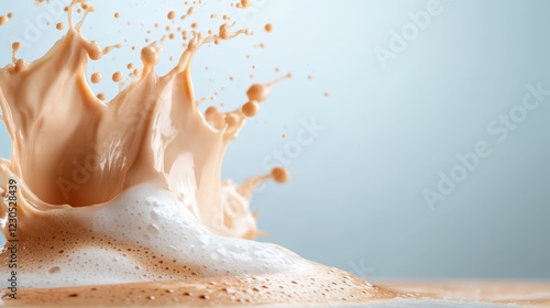 A dynamic splash of creamy milk showcases its richness and texture, capturing the fluid motion and vibrant tones of dairy in an artistic manner enhancing visual appeal. photo