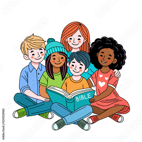 Cute group of kids from different races reading bible in sunday school.religious education concept.vector illustration on white background