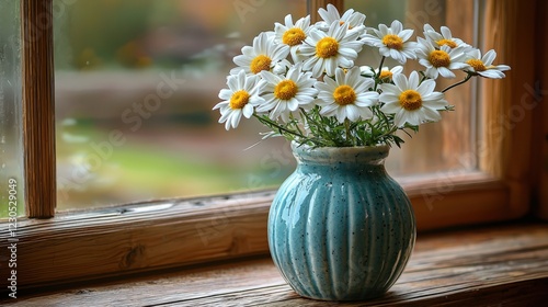 Wallpaper Mural Fresh Daisies in a Rustic Blue Vase on a Sunny Window Sill Torontodigital.ca
