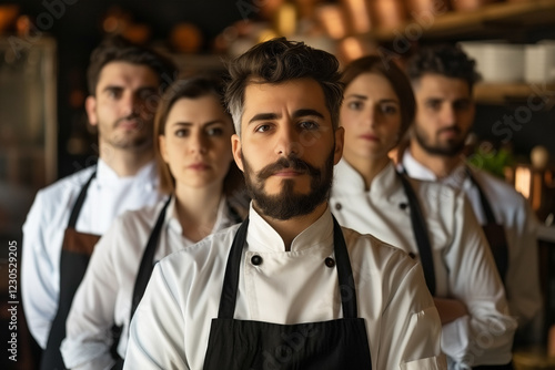 Sicily, Italy professional service staff, salesperson and cook in modern restaurant. photo