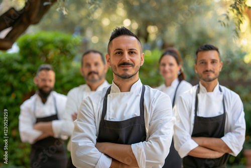 Umbria, Italy professional service staff, salesperson and cook in modern restaurant. photo