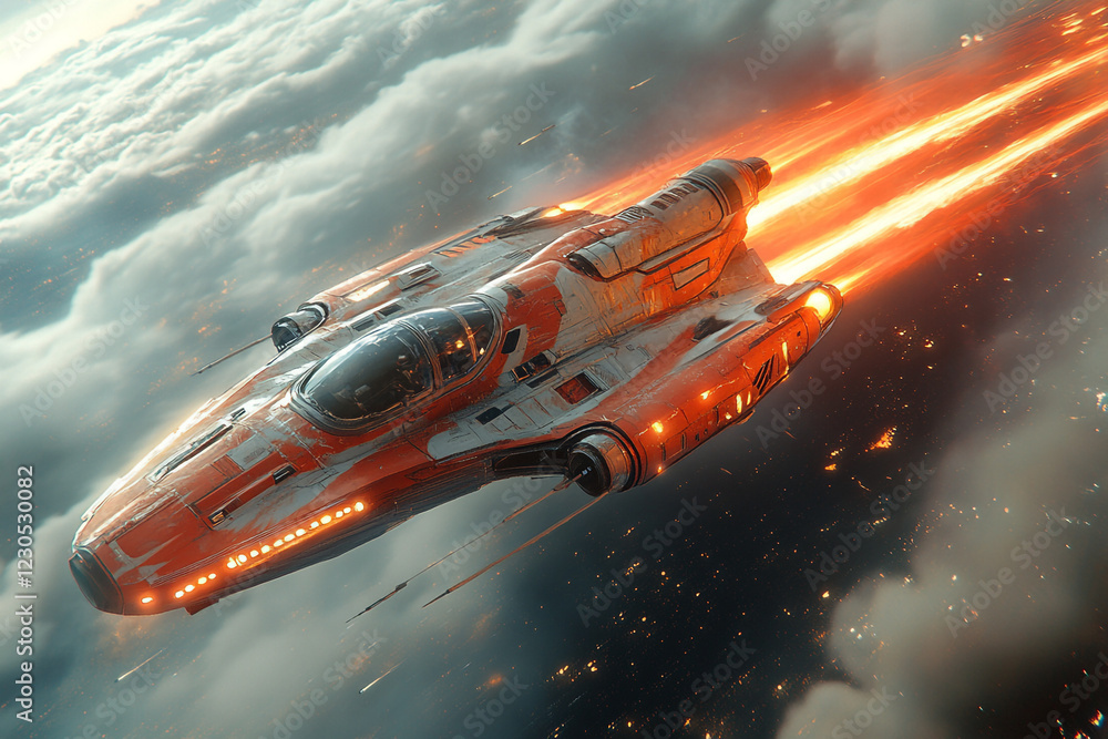Naklejka premium Orange and White Spaceship Soaring Through Clouds