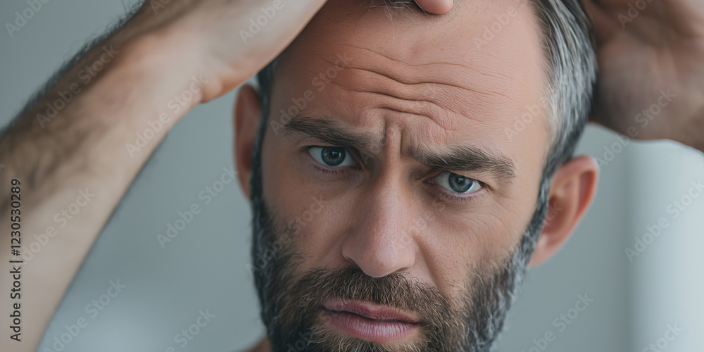 Fototapeta premium Worried man checking his hair for gray hair and loss