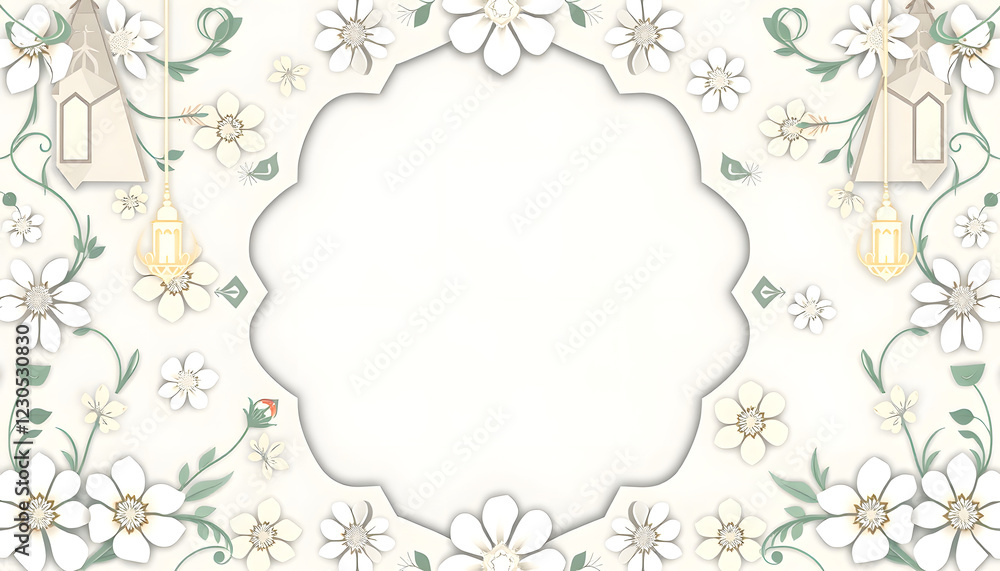 Illustration of Islamic theme design with floral motives for Ramadhan and Eid Fitri celebration as banner background created with  technology , with white tonespng