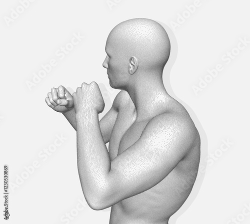 Boxer standing in pose and ready to fight. Sport symbol. Concept of will win or power of spirit. Model of an athlete with stipple effect. 3D vector for design.