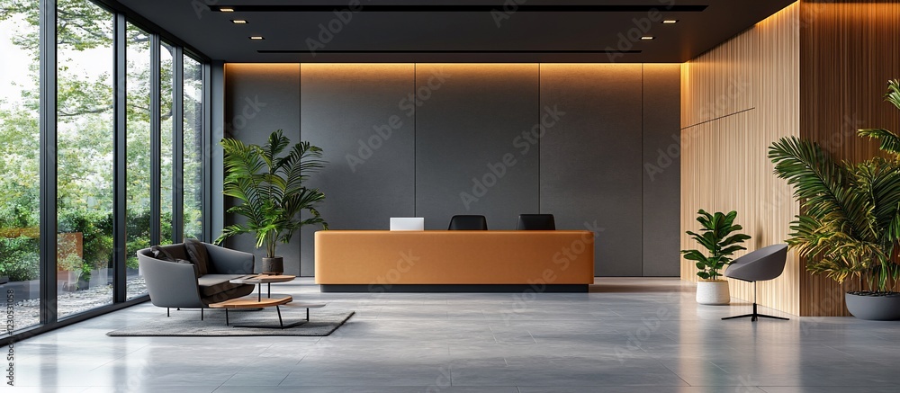 Modern office reception area with stylish furniture, greenery, and natural light Modern office reception area with stylish furniture, greenery, and natural light